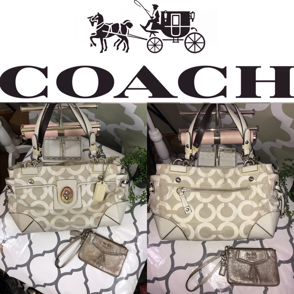 Coach Optic Large Silver & Cream Tote + Wristlet